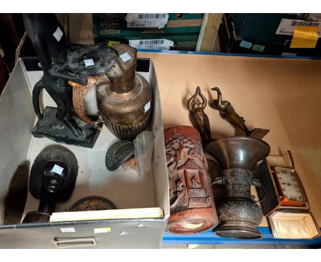 An Eastern bronze urn with elephant mask handles, 17.5cm; a bamboo brush pot and other collectables