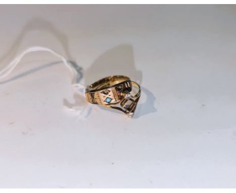 A 9ct hallmarked gold ring set with turquoise and seed pearl, (stones missing) 1.2gms; an 18ct hallmarked gold dress ring set