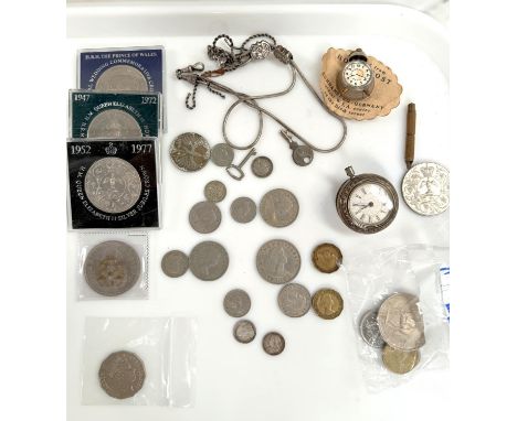 A novelty clock brooch, a watch and chain, other collectables, various GB coins.