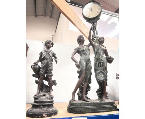 A classical-style resin clock with swinging quartz mount and two partially clad women, height 8cm; a Spelter figure of a boy 