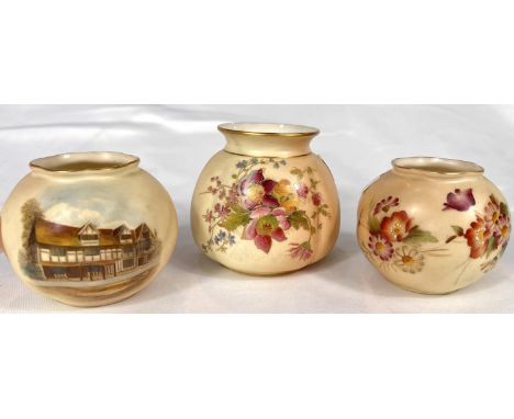 Royal Worcester: a posy vase decorated in enamels with Shakespeare's House, 6.5cm; a similar decorated with flowers, both pat