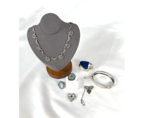 A silver sweet heart bangle, hall marked robin pin cushion, micro mosaic ring etc