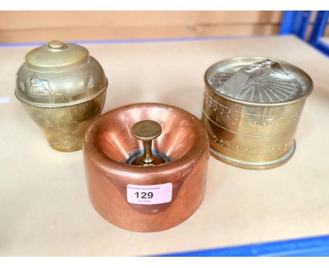 A copper jelly mould with brass handle; a WWI brass shell case tea caddy; a Lipton's souvenir brass tea caddy; a Lipton's vin