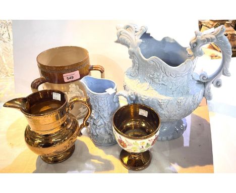 A Royal Doulton hunting scene Tyg mug (chip to rim); an inlaid tray; a Victorian grotesque jug, blue and white bowl and lustr