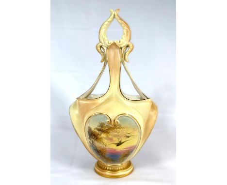 A Royal Worcester unusual hand painted vase with panels of birds, No G493, peach and ivory ground (provenance - gift to Eva M