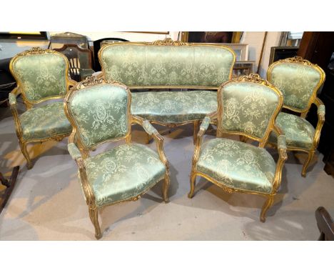 A 19th century Louis XV gilt framed 5 piece drawing room suite in green brocade comprising 3 seater sofa and 4 armchairs.