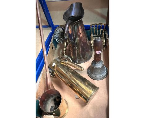 A traditional hand bell, two trench art shells, brass kettle and trivet etc.