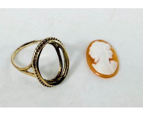 A 9ct hallmarked gold ring set with a female head cameo (cameo detached), weight of shank and mount 2.9gms, size K-L.
