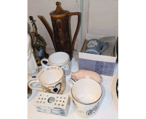 Three large Royal Commemorative mugs; a Portmeirion coffee pot etc.