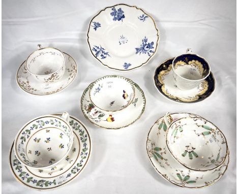 3 early 19th century Rockingham tea cups &amp; Saucers with griffin marks; 2 unmarked cups and saucers, one with blue and gil