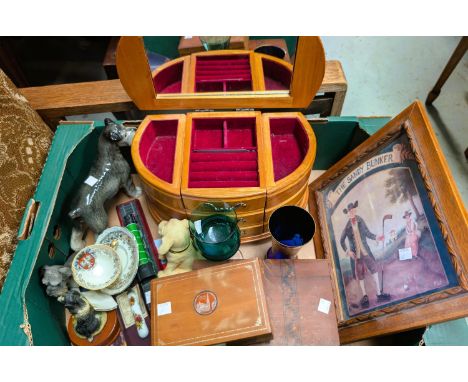 A burr walnut jewellery box and other boxes; a model of the 'Flying Scotsman' with leaflet, resin dogs etc.