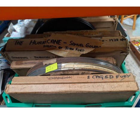 16mm films:- Caged Fury - 5 various reels; Farewell to Fame, 2 reel boxed, labelled; The Hurricane, John Ford, boxed, labelle