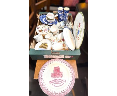 A miscellaneous selection of blue and white decorative plates and others; Royal Worcester dishes etc. Old Country Roses mugs 