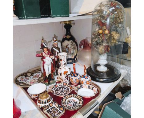 A French ceramic converted oil lamp with traditional panel decoration, two Napoleonic soldiers and some Royal Crown Derby Ima