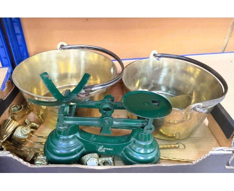 A set of scales with brass weights, 2 brass jam pans and other brassware.