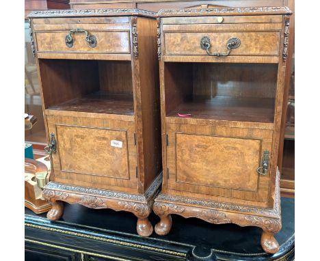 A pair of Burr walnut Epstein style bedside cupboards with drawer, shelf and cupboard. Condition report:Both cabinets a bit '