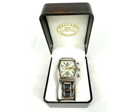 A 70th Anniversary Edition Chronograph Mallard watch in box with paperwork and a silver dress ring