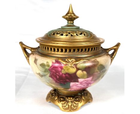 ROYAL WORCESTER: a two handled potpourri decorated in enamels with roses, 15cmCondition report:Good condition.WE TAKE GREAT C