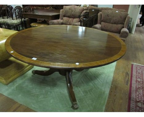 A GOOD GEORGIAN STYLE MAHOGANY KINGWOOD CROSS BANDED AND BRASS INLAID POD TABLE the circular moulded top above a baluster col