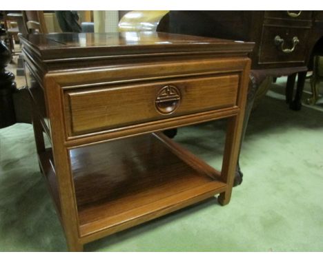 A PAIR OF ORIENTAL HARDWOOD END TABLES each of square form with frieze drawer above an open shelf on moulded legs 56cm (h) x 