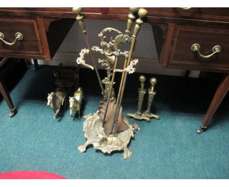 A MISCELLANEOUS COLLECTION to include a brass stick stand, a set of three brass fire irons and dogs together with a brass cas