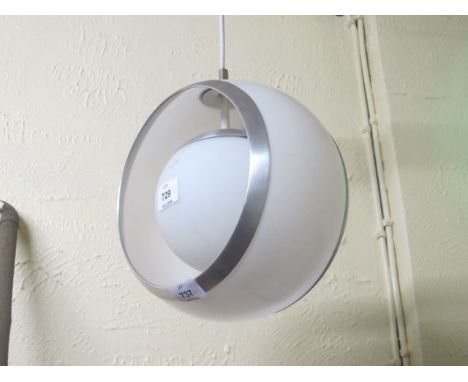 AN ITALIAN PENDANT CEILING LIGHT with a chrome detail surrounding an opaque glass shade with a spherical globe in the centre