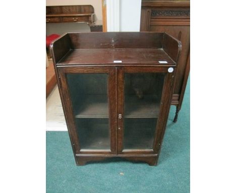 AN OAK SIDE CABINET the rectangular top with moulded gallery above a pair of glazed doors on bracket feet 88cm x 60cm x 30cm