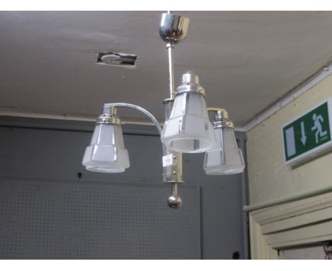AN ITALIAN CHROME THREE ARM CEILING LIGHT with the original opaque glass shades c.1970