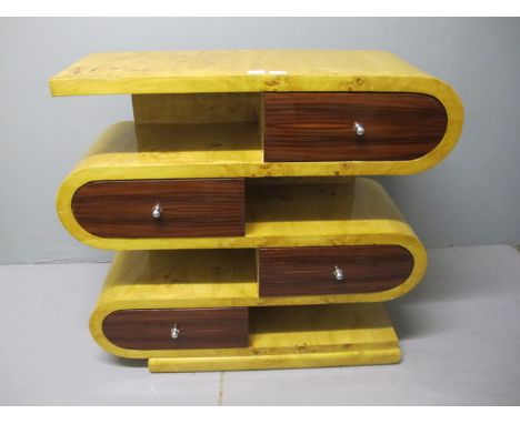 AN ART DECO STYLE WALNUT FIVE TIER SHELF with four drawers and open compartments on platform base 94cm x 93cm x 35cm