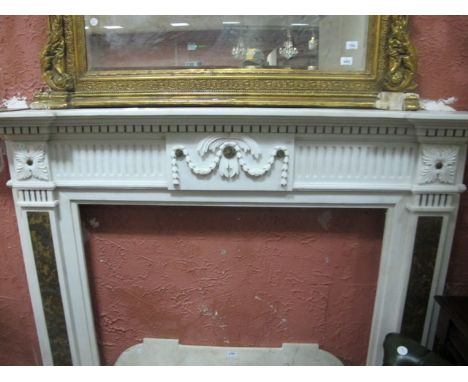 A GOOD STATUARY MARBLE MANTLE PIECE in Georgian style the moulded dentil shelf above a fluted frieze with central swag draped