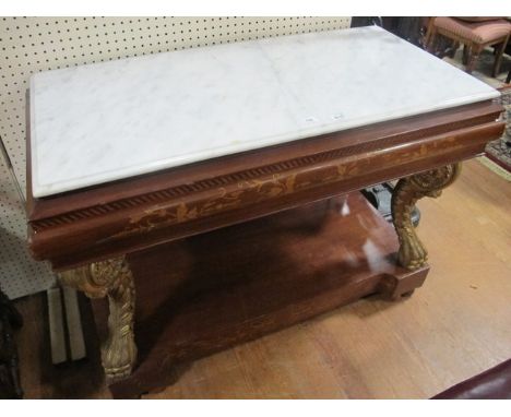 A CONTINENTAL WALNUT KINGWOOD AND SATINWOOD CONSOLE TABLE with white vein marble top the frieze decorated with flowerheads an