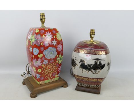 A Chinese vase and cover with floral decoration against a red ground, converted to electric lamp and mounted to wooden base, 
