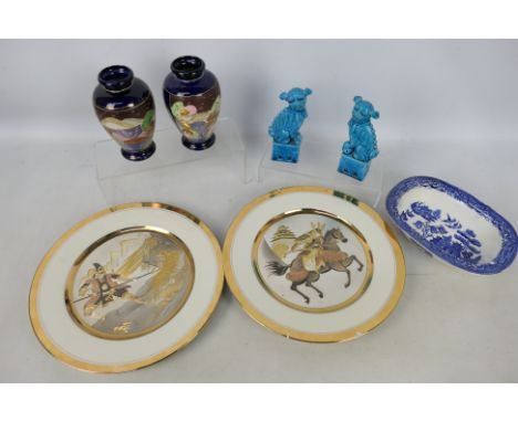 Ceramics to include a pair of Chinese turquoise glaze Buddhist lions, 15 cm (h), Japanese vases, plates and similar.