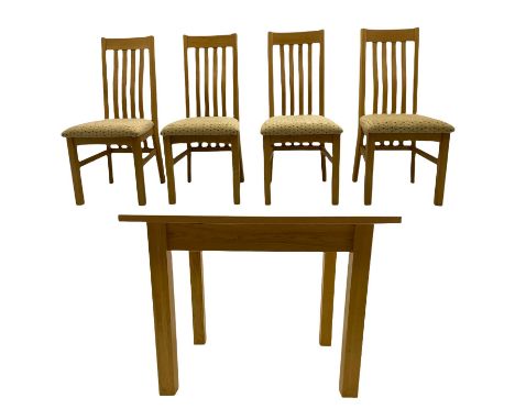 Light oak rectangular dining table, and four chairsDimensions: Height:&nbsp;76cm&nbsp; Length/Width:&nbsp;100cm&nbsp; Depth/D