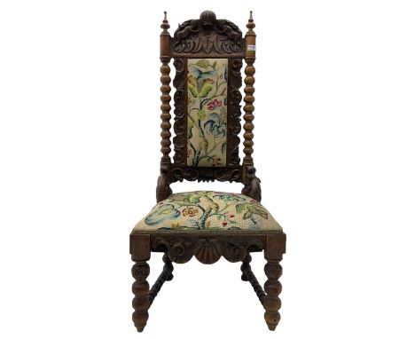 19th century oak hall chair, heavily carved, bobbin turned columns, tapestry seat and backDimensions: Height:&nbsp;122cm&nbsp