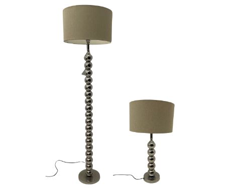 Chrome bobbin floor-standing lamp with shade, with matching table lamp