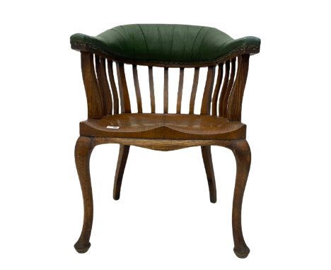 Early 20th century light oak desk chair, tub shaped upholstered back, saddle seatDimensions: Height:&nbsp;88cm&nbsp; Length/W