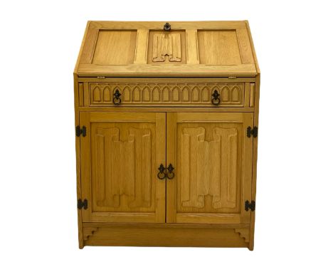 Light oak bureau, fall front above single drawer and two cupboards, carved linenfold detailDimensions: Height:&nbsp;101cm&nbs