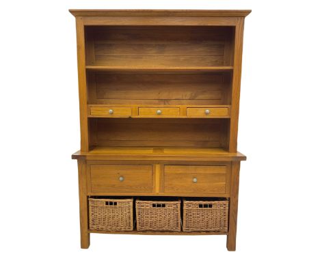 Manor Oak - light oak dresser and rack, fitted with two shelves with three drawers, two deep drawers and pot baked base with 