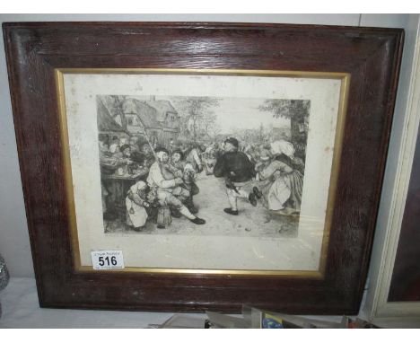 A framed and glazed print of an old street fair scene