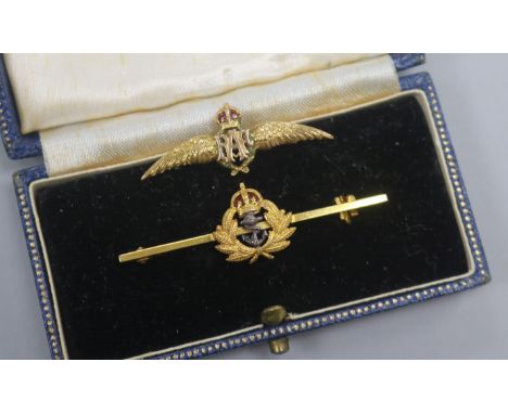 Two 1970's 9ct gold and enamel sweetheart brooches, including one R.A.F. brooch, largest 45mm.