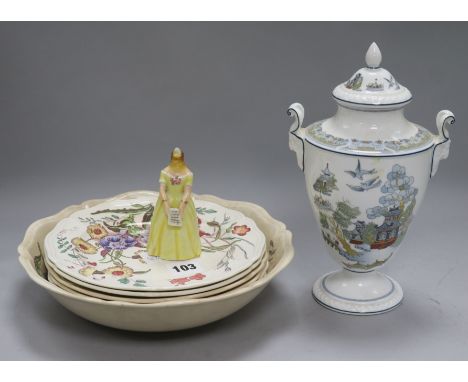 A Worcester snuffer, ceramic fruit dishes and a lidded vase