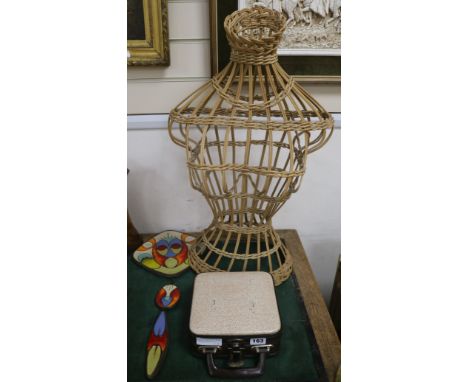A wicker Taylors dummy, ceramic 1970's plaque and French Boulle