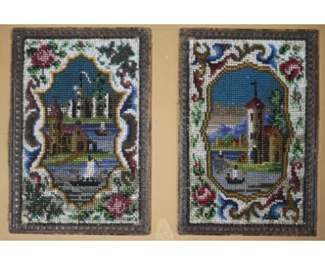 A Victorian needlepoint and beadwork portrait and a pair of beadwork book covers, framed