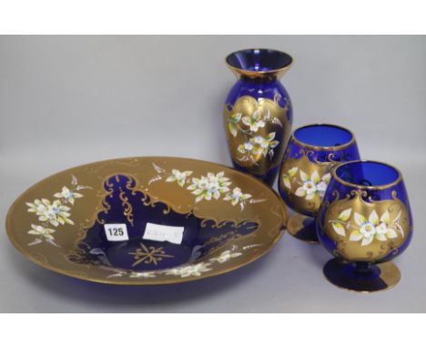 Two blue enamel goblets, dish and a vase