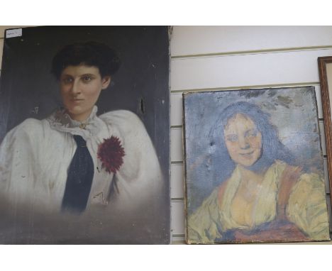 Oil, portrait of a lady and an oleograph, largest 64 x 50.5cm. unframed