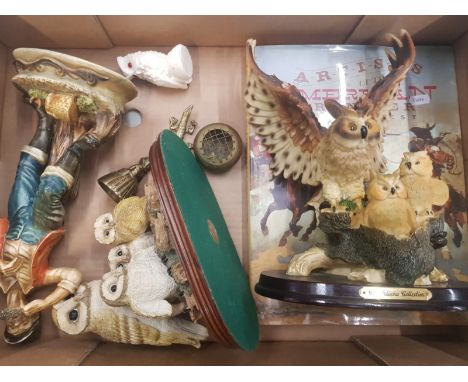 A mixed collection of items to include Resin Owl figures,, continental ceramic figure, brass ware items, artists of the Ameri