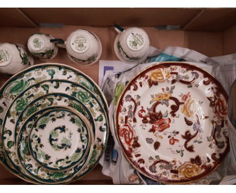 Mason’s Chartreuse and Brown Velvet Dinner Plates, Cups and Saucers (25 pieces)- 1 Tray 