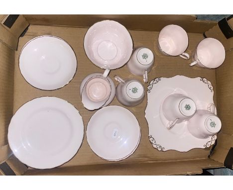 Tuscan mid century pink and gold tea set comprising of 6 cups, 6 saucers, 6 side plates, milk jug, sugar bowl and cake plate 