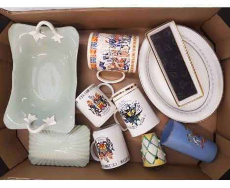 A mixed collection of items to include Spode Fortuna twin handled comport and lidded box, commemorative mugs, Wedgwood pen tr